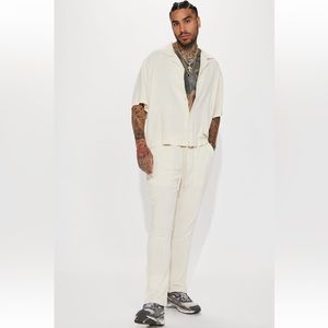 Fashion Nova Men Solid Textured Linen E-Waist Side Slit Pants - Cream